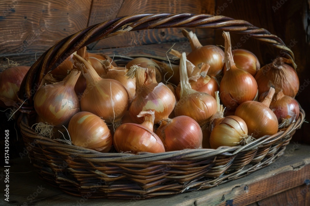 Poster wicker basket full of fresh onions, resting on a wooden shelf in a rustic pantry, creating a cozy an