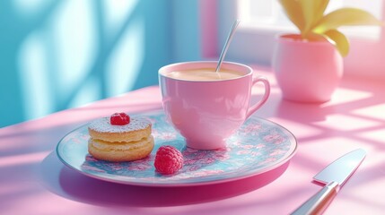 Elegant composition of raspberry cake with cup of tea on pink table delightful moment food photography style