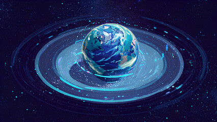 Digital Illustration of Planet Earth with Glowing Orbit Rings in Outer Space