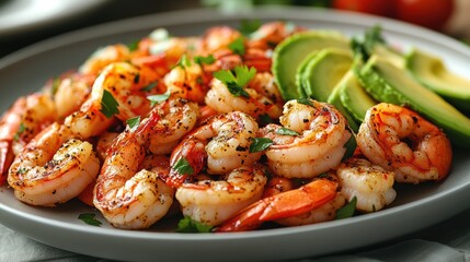 Delicious grilled shrimps and avocado with fresh parsley on a gray dish for culinary delight and healthy diet closeup