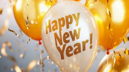 Festive gold balloons with happy new year greetings and sparkling confetti celebration - Powered by Adobe