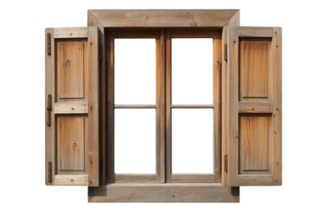 Rustic wooden window with open shutters isolated on transparent background
