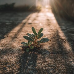 Small green plant growing on gray concrete surface with sunlight hope and resilience concept