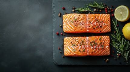 Freshly Seasoned Salmon Fillets with Herbs and Lemon on Dark Slate Background Culinary Delight