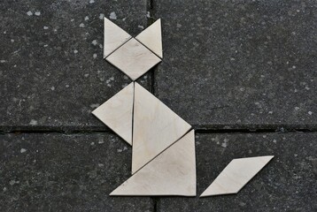 Creative wooden tangram puzzle pieces arranged as a cat shape on dark gray stone tiles....
