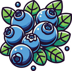A colorful artistic illustration depicting a group of fresh blueberries and green leaves