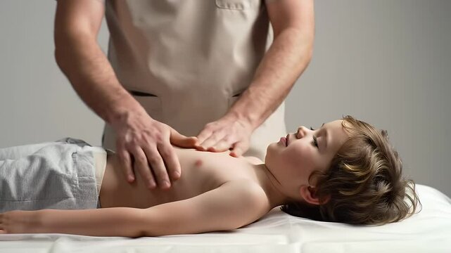 Young Boy Receives Gentle Chest Massage on White Sheet by Practitioner in Beige Top in Serene Setting Ideal for Healthcare and Pediatric Care Themes