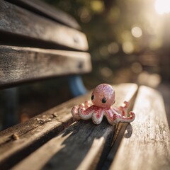 Toy octopus on a weathered wooden bench basking in warm sunlight showcasing miniature details whimsical mood