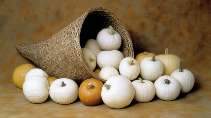 Horn overflowing with white pumpkins, autumnal background, harvest abundance