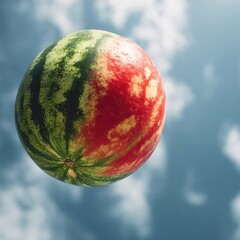 Floating Watermelon against a Cloudy Sky Capturing Summer Freshness Fruity Texture and Aerial Composition