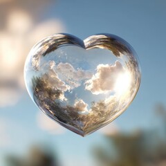 Ethereal heart shaped crystal reflecting cloudy sky and trees in a dreamlike scene artistic style