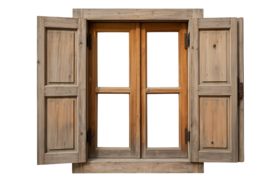 Rustic wooden window with open shutters isolated on transparent background - Powered by Adobe