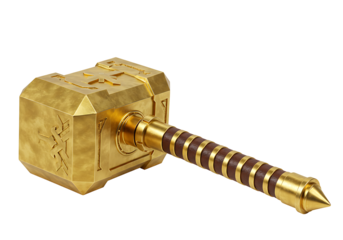 A golden hammer with runic patterns and a brown handle set against a black background