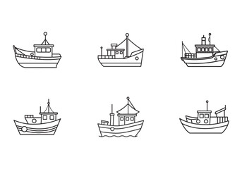 set of fishing boat icon line art vector illustration