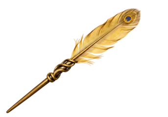 A golden quill pen with a bluecentered peacock feather set against a solid black background