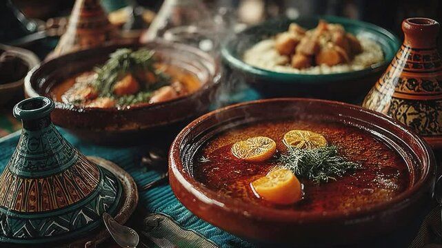Moroccan Cuisine: A vibrant tableau of traditional Moroccan dishes, tantalizing the senses with aromatic spices and exotic flavors.