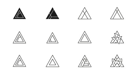 Geometric Triangle variations: Minimalist geometric triangle variations in a cohesive set, perfect for design elements and symbolic representation. Versatile visual resource.