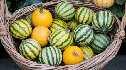 Autumn harvest Striped & yellow gourds in wicker basket at farmers market