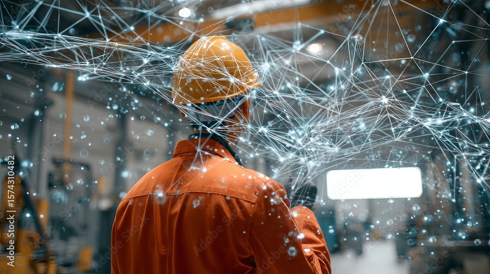 Poster industrial innovation through connected technologies: worker in factory surrounded by data visualiza