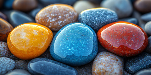Colorful, polished stones glisten in the light on a bed of pebbles