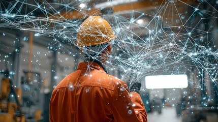 Industrial innovation through connected technologies: Worker in factory surrounded by data visualization for predictive maintenance.