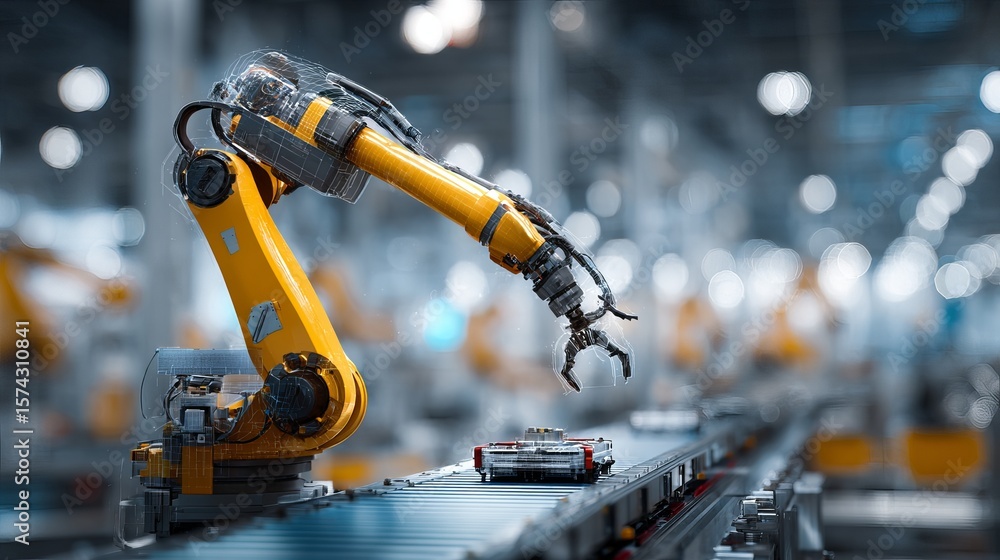 Poster automated industrial robotic arm working on assembly line with blurred factory background for modern