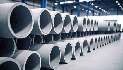 Grey pipes stacked in a large warehouse