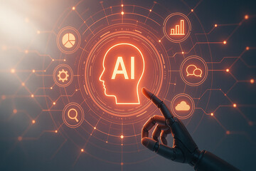 Generative artificial intelligence symbol. Robotic processes automation system. Humanoid hand touching head and AI icon