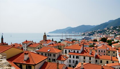 Obraz premium a charming mediterranean coastal town with a picturesque view of the ocean. the architecture is characterized by buildings with terracotta roofs, which lend a warm hue to the scene