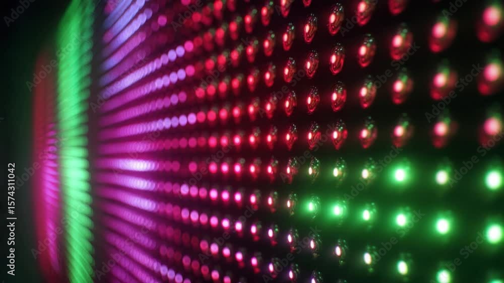 Poster Vibrant LED Grid: A dynamic array of brightly lit LED lights in a gradient of red, purple, and green creating a captivating visual display that will add energy to any project.