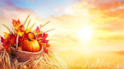 Autumn harvest pumpkin basket sunset field Thanksgiving