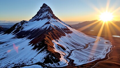 a breathtaking mountainous landscape at sunset. dominating the scene is a majestic snow capped peak, which stands as the tallest mountain in the image