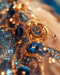 Brazilian fashion detail shot showcasing handcrafted embellishment with close up texture emphasis, artisanal quality and traditional cultural technique craftsmanship display
