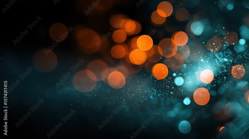Poster mesmerizing bokeh effect with luminous orange and turquoise orbs combined with gentle particle movem