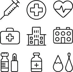 Medical and healthcare icon set in glossy black button style for web and design use