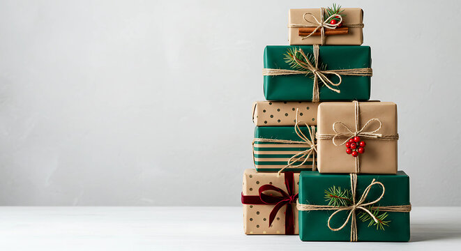 A stack of beautifully wrapped presents, festive and ready for giving.