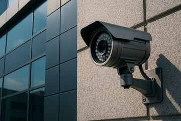 Security surveillance camera mounted on exterior wall with modern glass building windows.