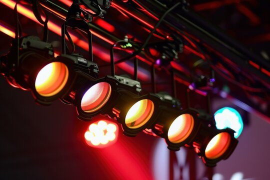 Professional lighting equipment illuminating a stage, creating a vibrant atmosphere for a show or concert production