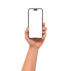 Hand showing smartphone with blank screen isolated on transparent PNG.