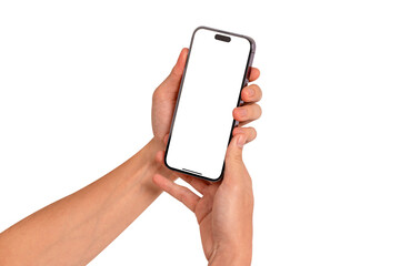 Hand using smartphone with blank screen isolated on transparent PNG.