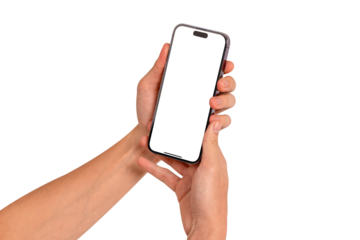 Hand using smartphone with blank screen isolated on transparent PNG.