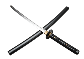 A katana and scabbard cross against a black backdrop showcasing a black handle gold accents and a sharp silver blade