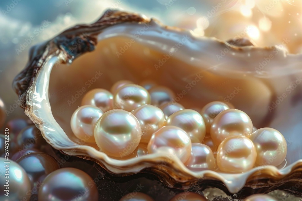 Aufkleber many shiny pearls resting inside and around a big oyster shell, creating a luxurious and elegant atm