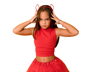 Funny little child girl with headband playing Halloween party satan devil character wear read...