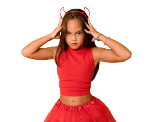 Funny little child girl with headband playing Halloween party satan devil character wear read costume over transparent background. PNG
