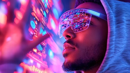Male AI specialist in hoodie and glasses immersed in VR of 3d data visualizations with floating charts. Data scientist