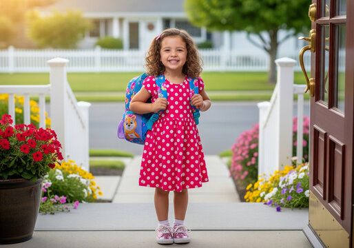 Full Body Shot of a Stylishly Dressed Little Girl with a New Backpack Ready for Her First Day of Kindergarten