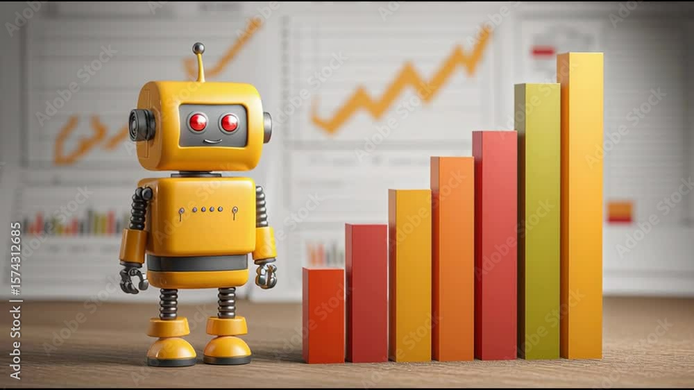 Poster robot standing next to a bar chart depicting analysis and growth in the high-tech world of alpha fin