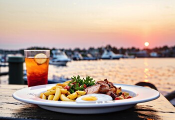 Portrait of a delicious harborside meal at sunset with copy space