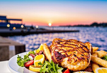 Portrait of a delicious harborside meal at sunset with copy space